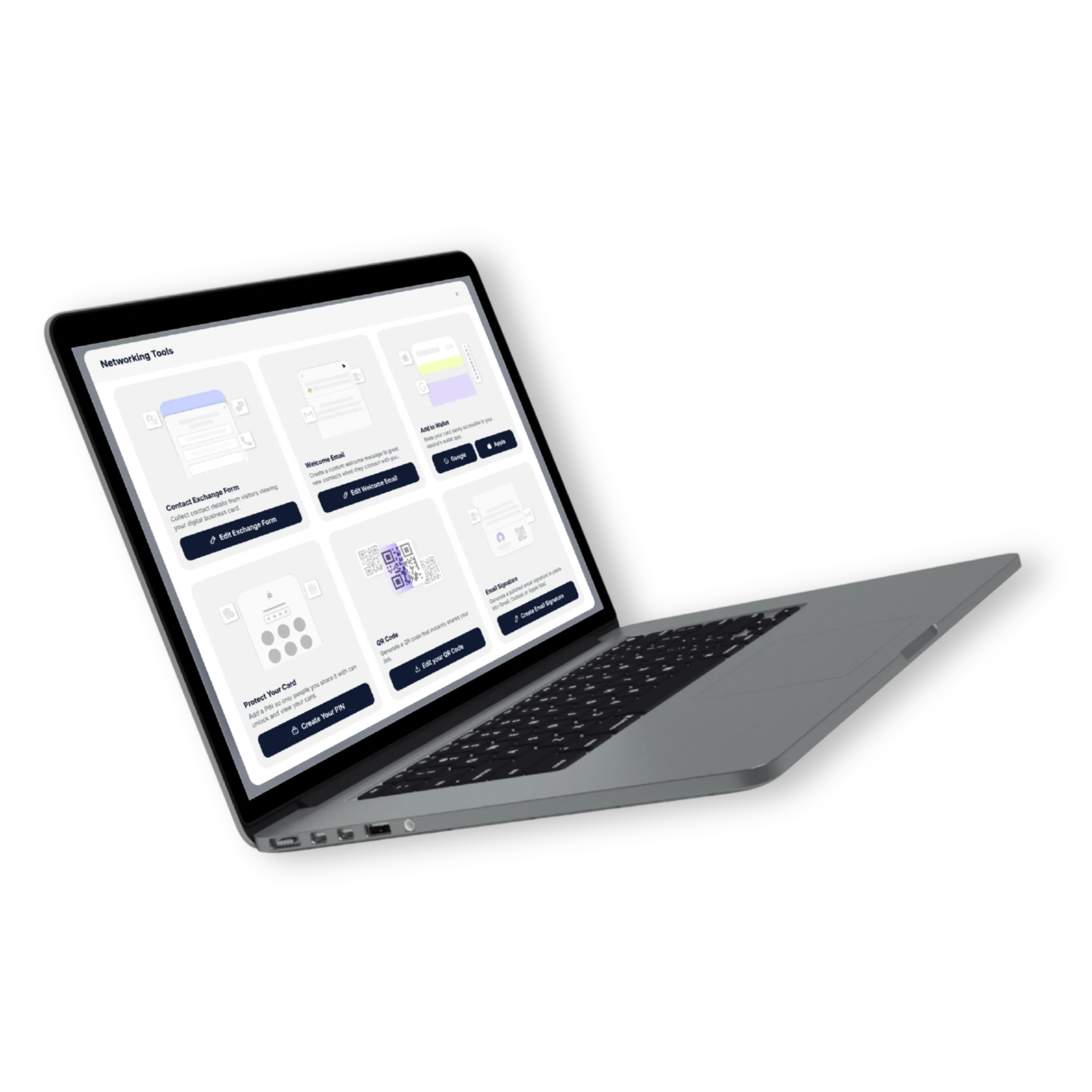 Banana Networking Tools dashboard on a MacBook showing the branded QR Code editor alongside Contact Exchange, Welcome Email, Add to Wallet and PIN protection tiles