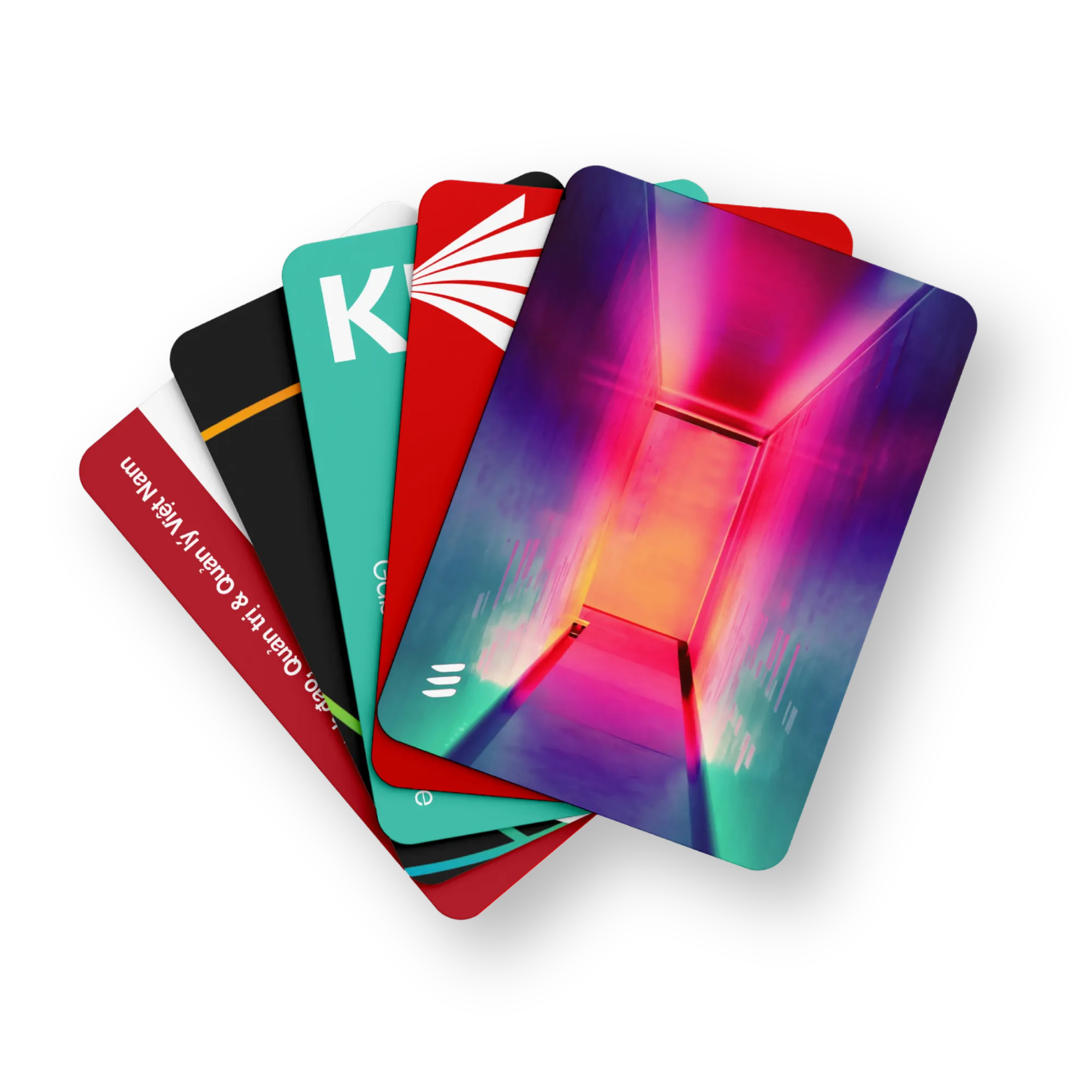 Fan of custom-branded physical NFC business cards for enterprise employees with locked design tokens, corporate logos and secure encrypted tap-to-share credentials