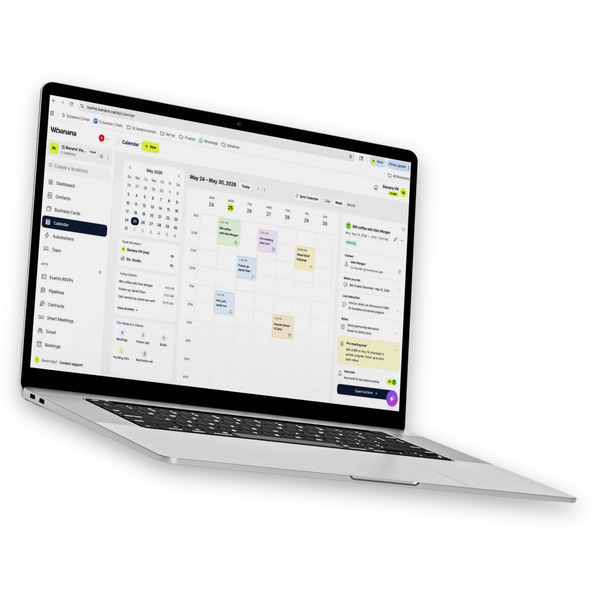 Banana calendar and pre-meeting briefs dashboard surfacing where you met each contact, past notes and AI-generated talking points