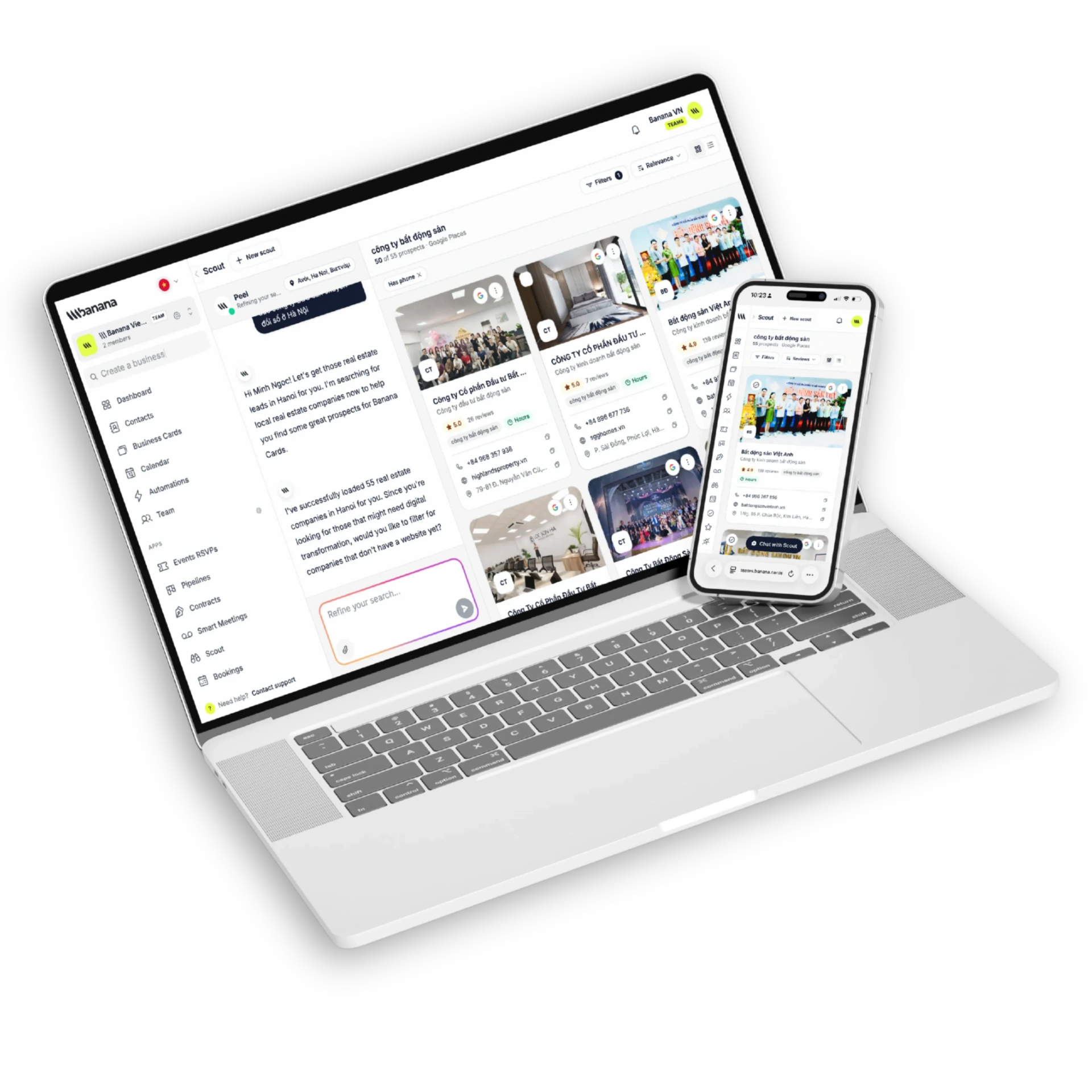 Scout search results showing 55 real estate prospects from Google Places in Hanoi with ratings, reviews and contact details, refined by an AI chat sidebar and mirrored on iPhone