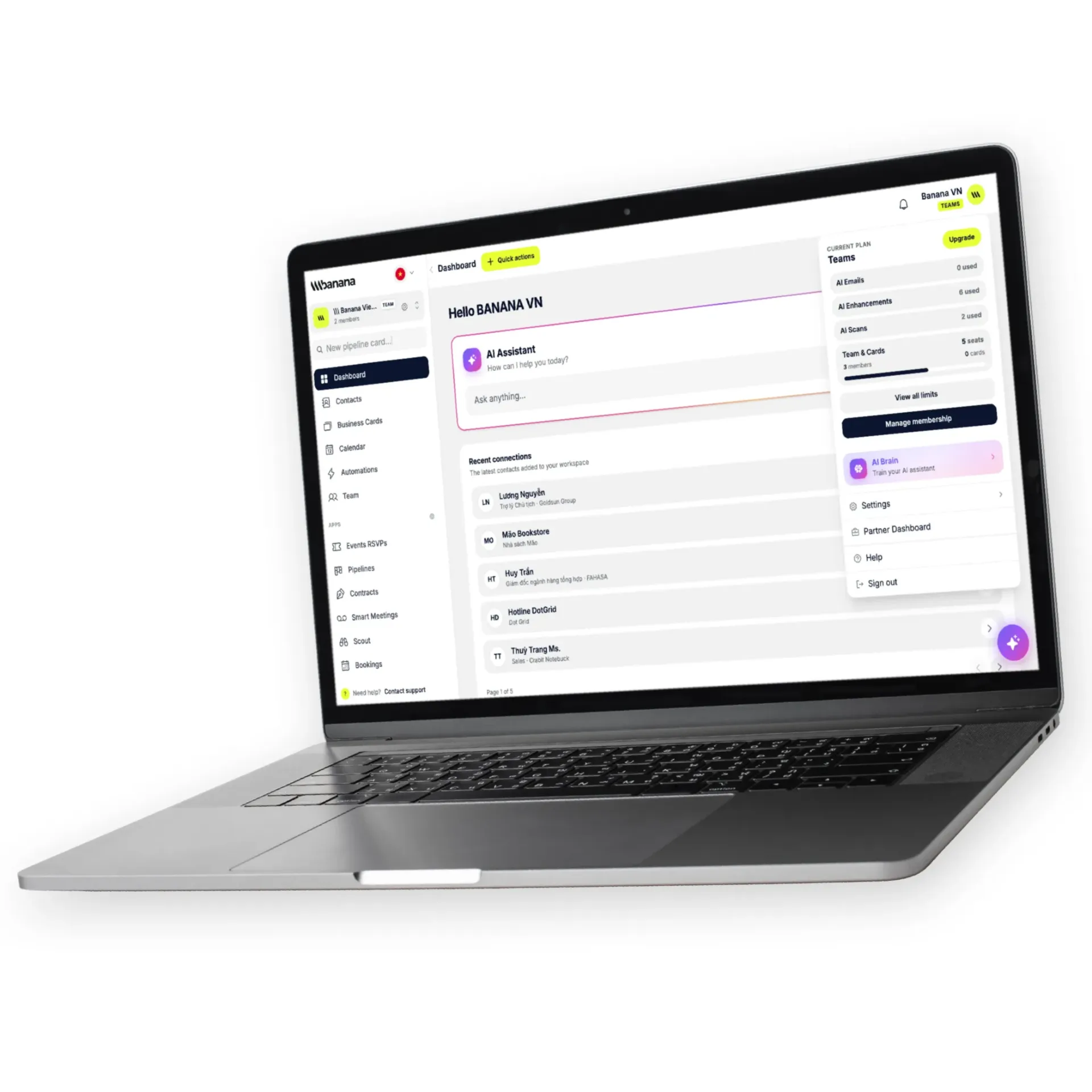 Banana AI sales assistant dashboard drafting personalized follow-up emails and surfacing recent contacts from the CRM