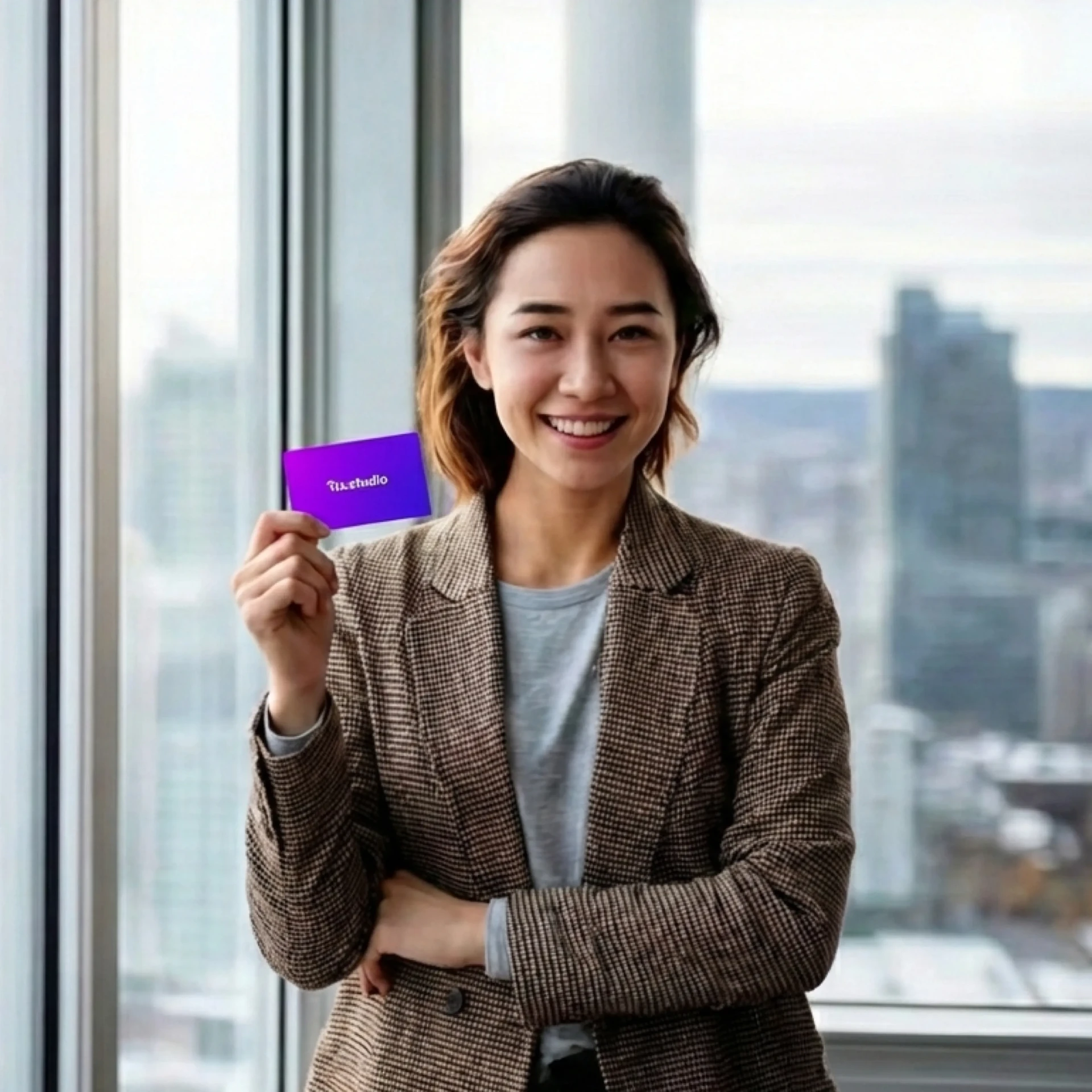 Smiling Banana customer in a tailored blazer holding a purple NFC business card in a modern high-rise office overlooking the city skyline