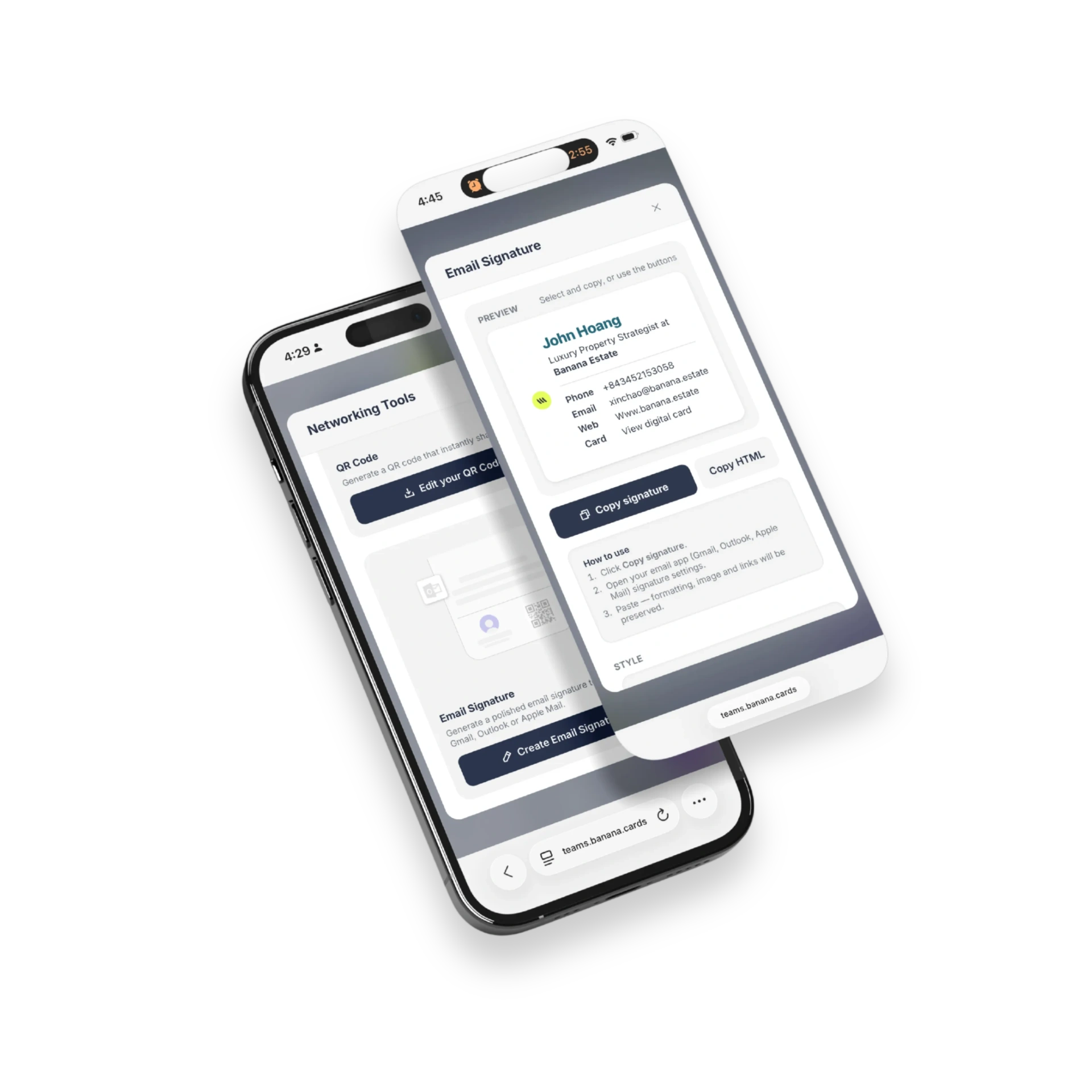 Banana email signature editor on iPhone with live preview of John Hoang's signature, Copy signature and Copy HTML buttons, and step-by-step Gmail, Outlook and Apple Mail install instructions