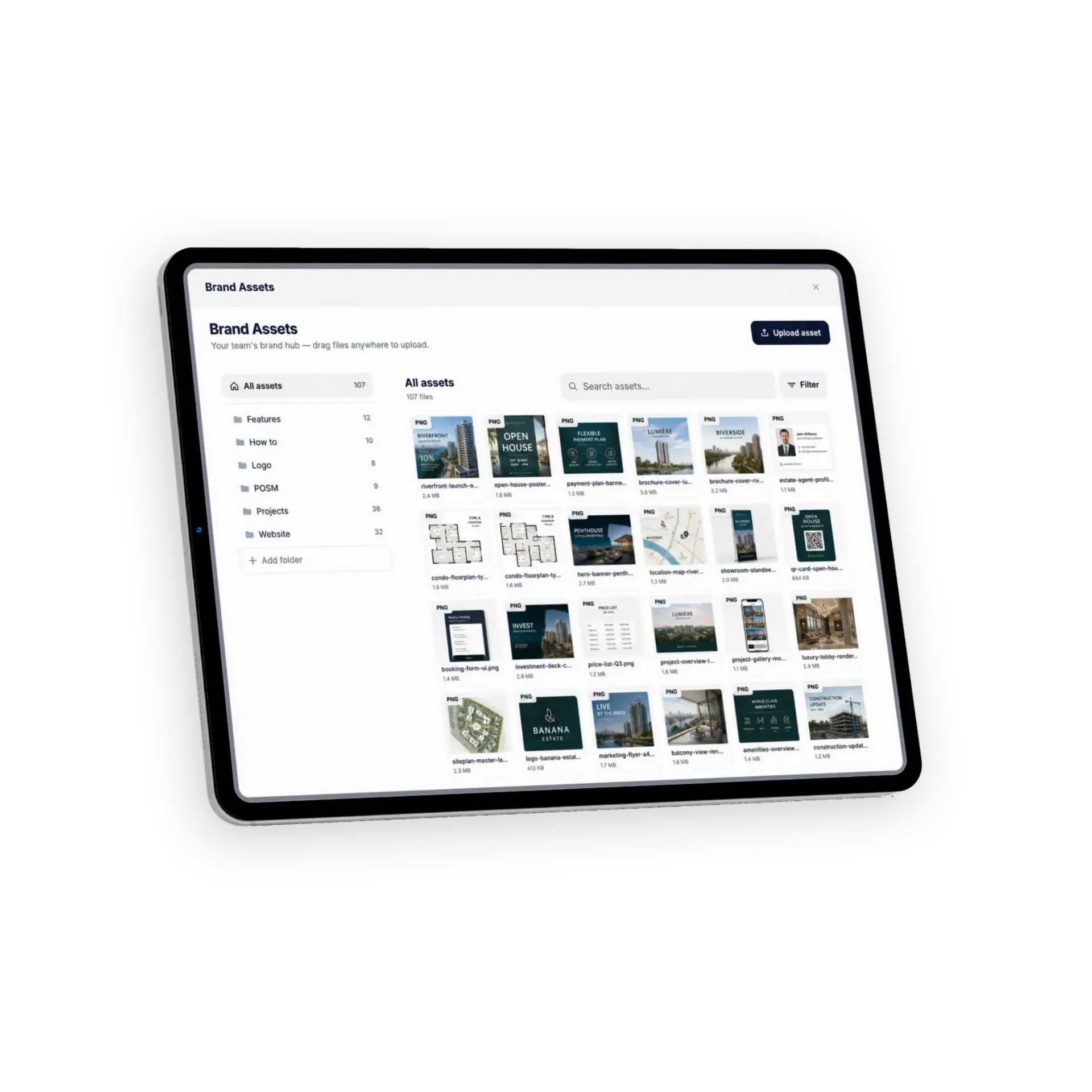 Central Banana brand asset hub on iPad showing 107 approved logos, brochures, floorplans and marketing collateral organized in folders for regional enterprise teams to reuse