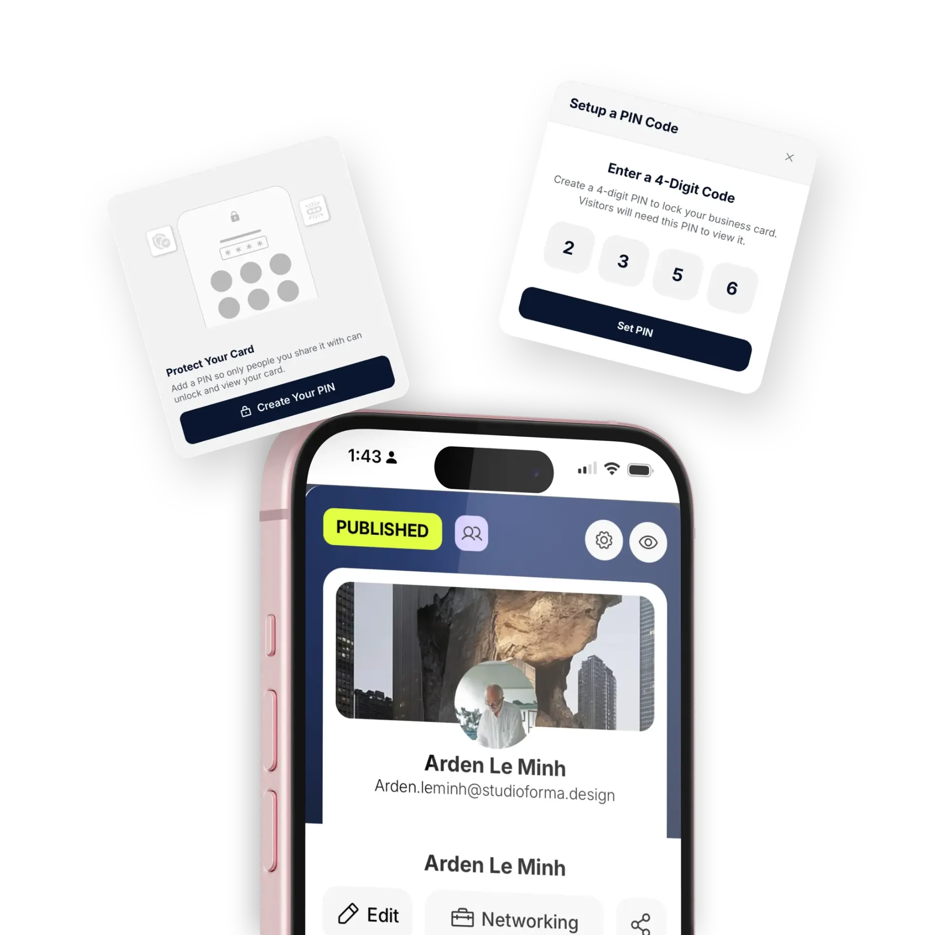Banana card PIN setup flow — Protect Your Card widget and 'Enter a 4-Digit Code' modal alongside a published Arden Le Minh profile on iPhone