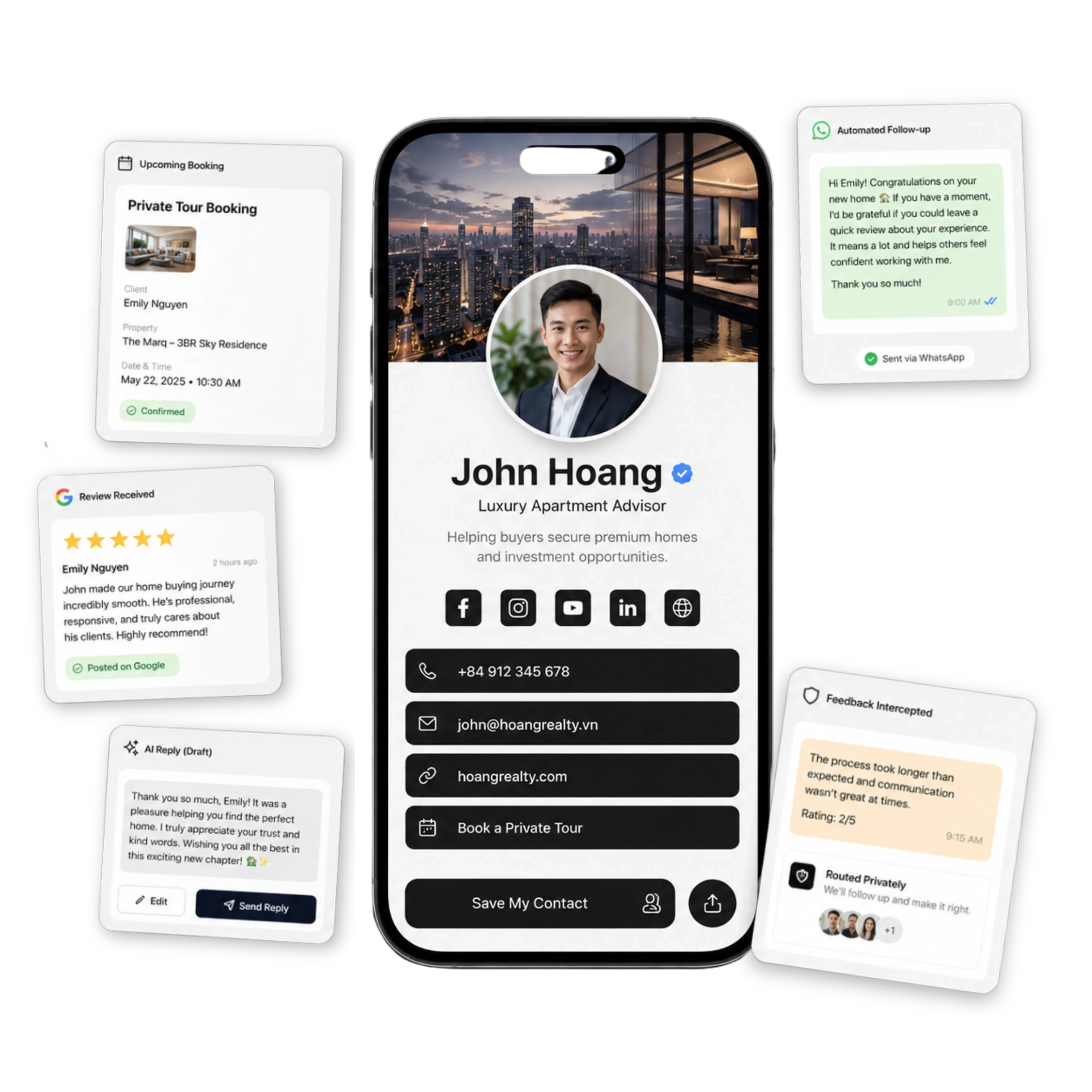 Real estate agent digital business card with automated 5-star Google review requests, AI-drafted replies and negative feedback intercepted privately
