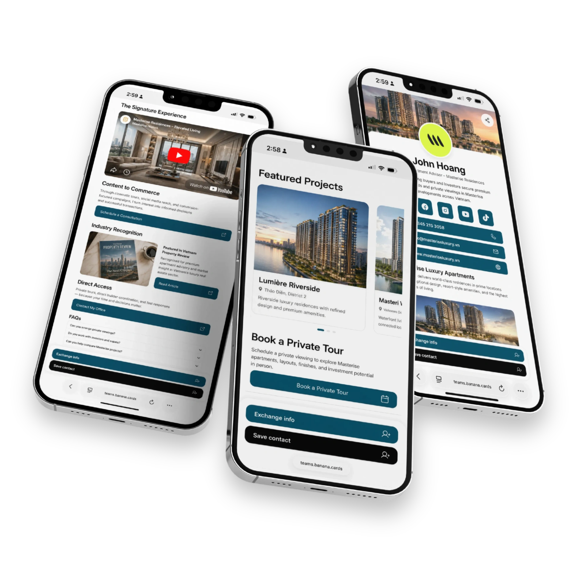 Real estate agent profile on iPhone showing featured luxury apartment listings, Book a Private Tour button and one-tap contact exchange