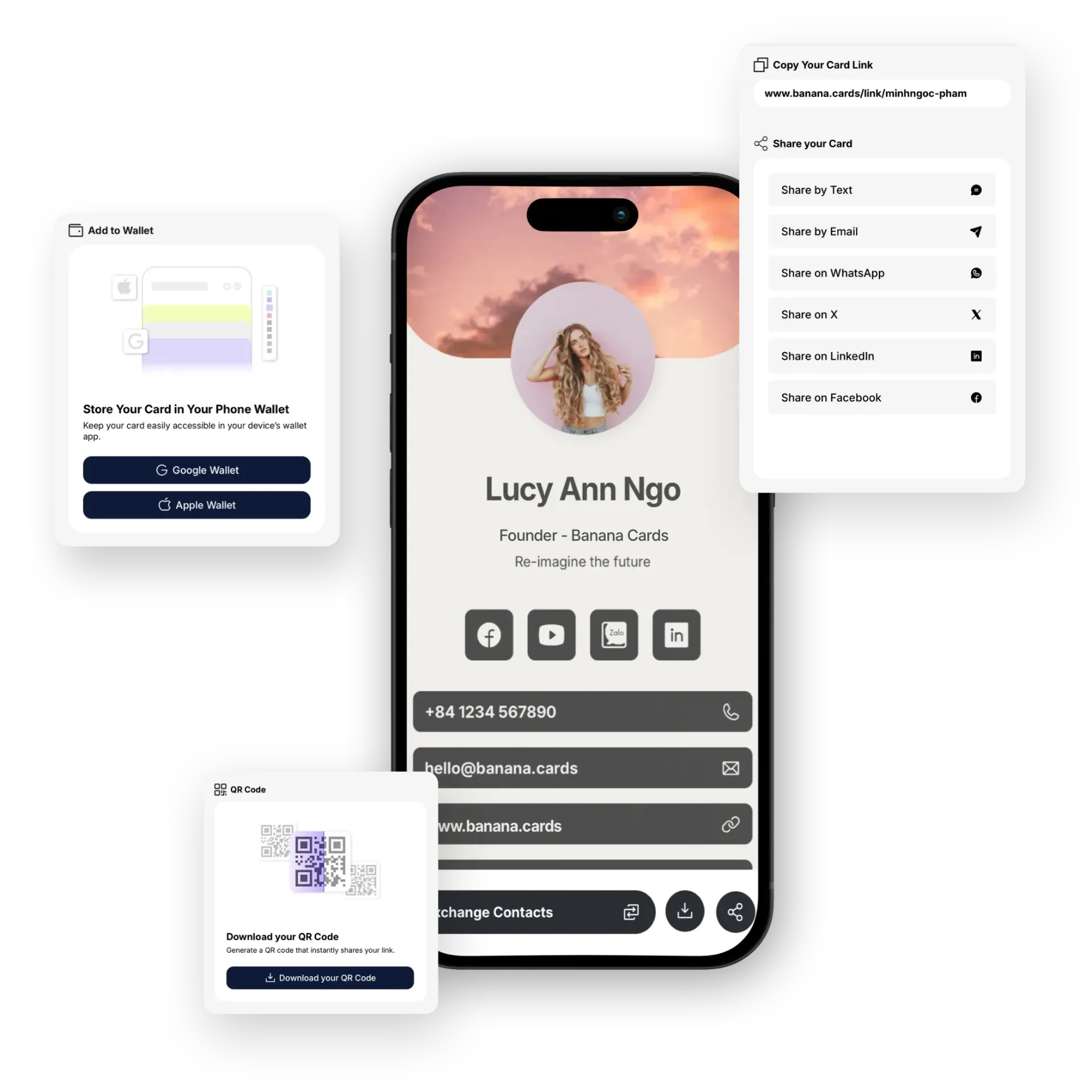 One shareable Banana profile link on iPhone with QR code, Apple and Google Wallet passes, and one-tap share to WhatsApp, LinkedIn and email