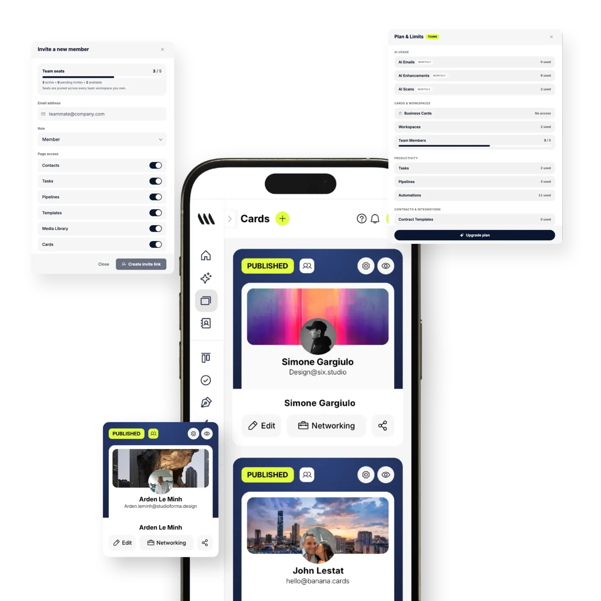 Enterprise admin inviting a new member with role-based page access toggles, pooled team seats and plan limits for AI usage, cards, workspaces and automations via SSO and SCIM provisioning