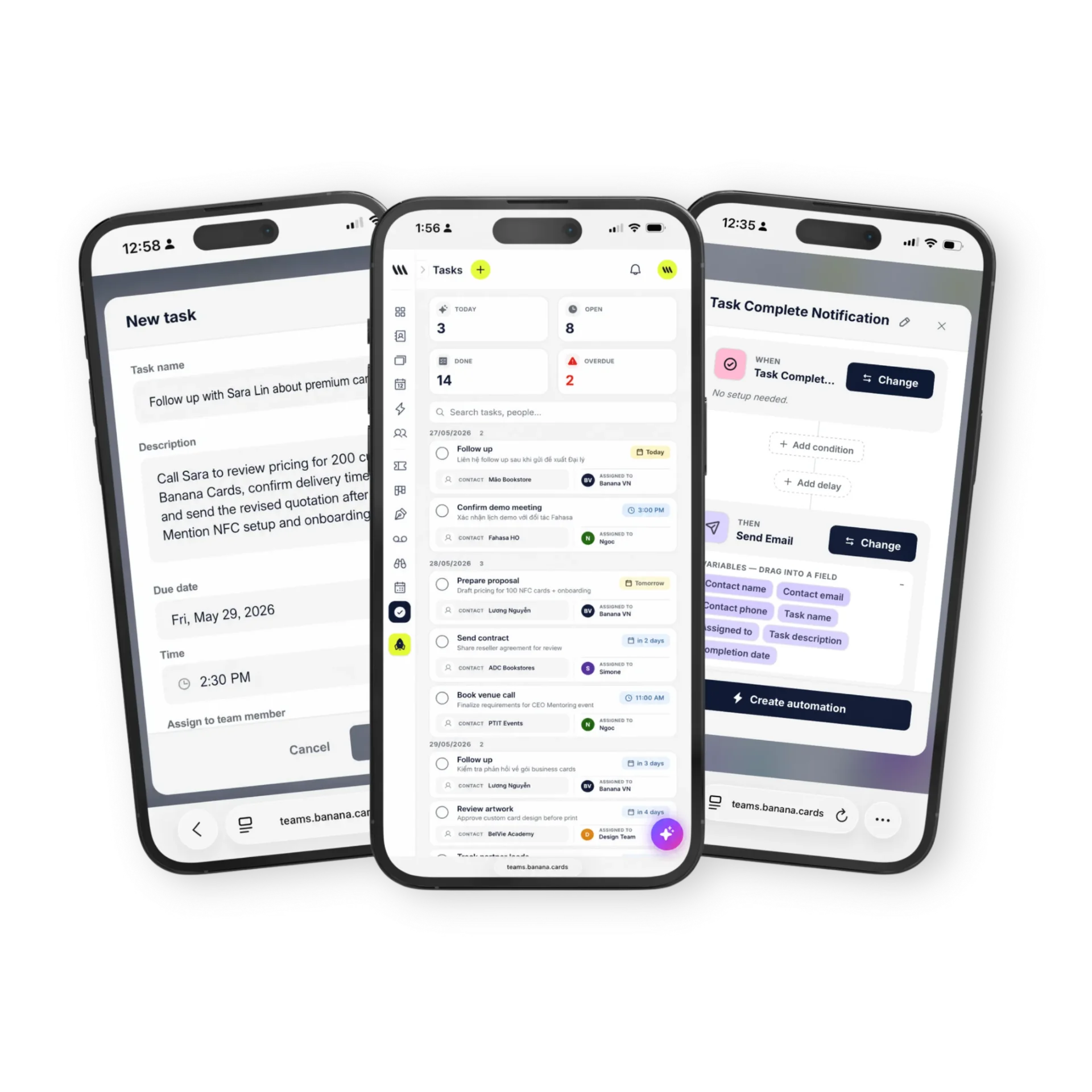 Founder task management on iPhone with follow-up reminders, overdue alerts and Task Complete automation triggering personalized emails