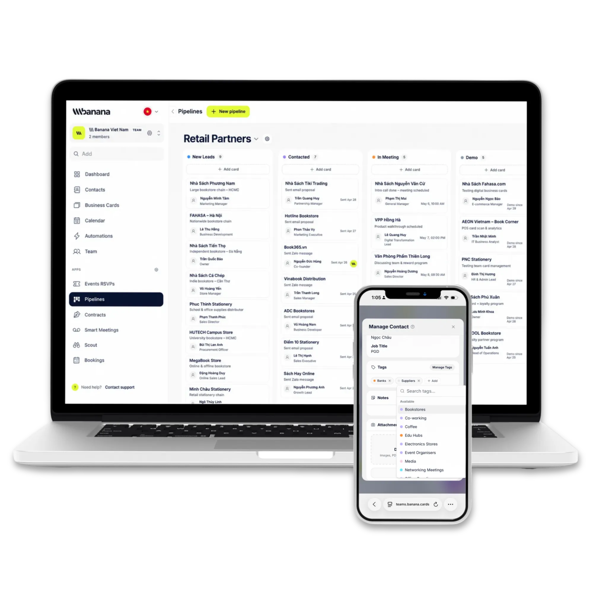 Banana CRM sales pipeline board showing deals moving through New Leads, Contacted, In Meeting and Demo stages with contact tagging on mobile