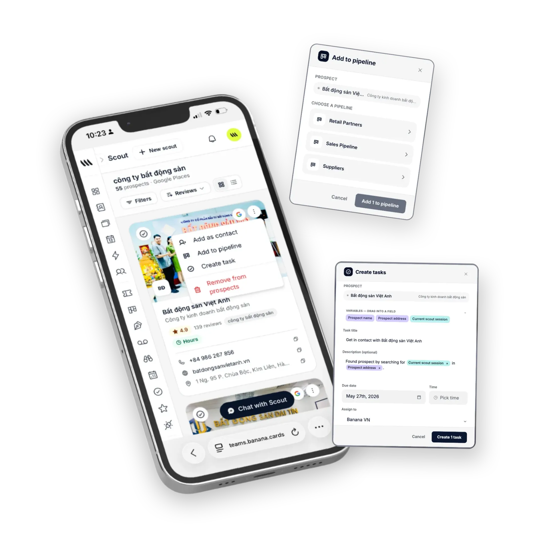 Banana Scout mobile view of a prospect with quick actions to add as contact, push to Sales Pipeline and auto-create a follow-up task with prospect name and address variables