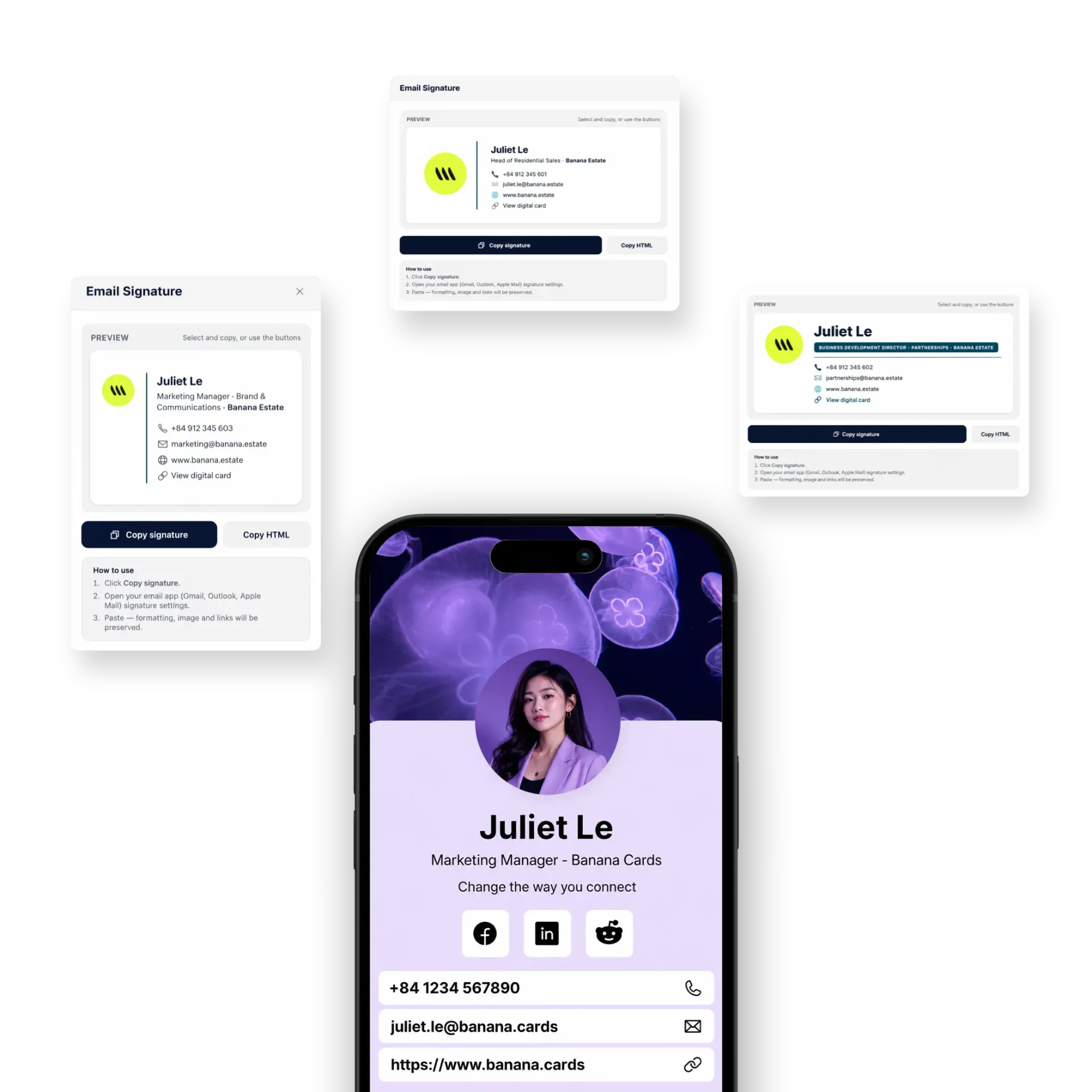 Multiple Banana email signature templates for Juliet Le — Marketing Manager, Head of Residential Sales and Business Development Director variants — beside an iPhone previewing her live Banana digital card