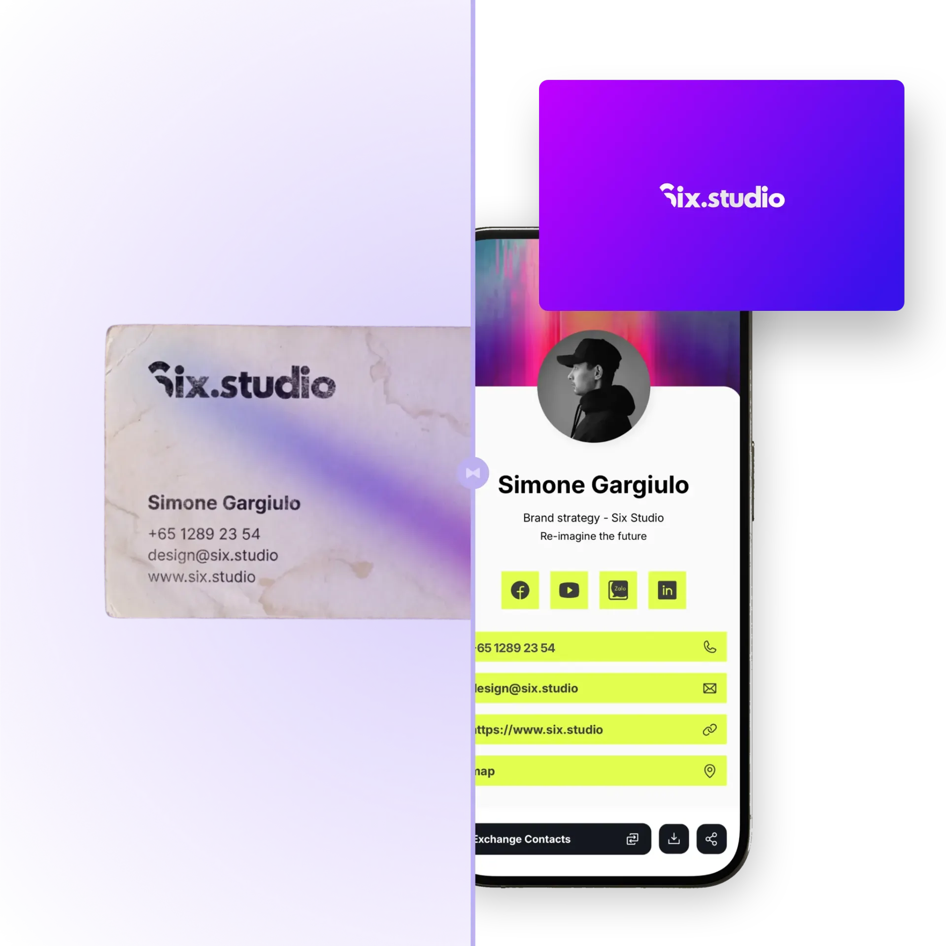 Side-by-side comparison of a worn paper Six Studio business card and the same contact reborn as a Banana digital profile on iPhone with a purple NFC smart card