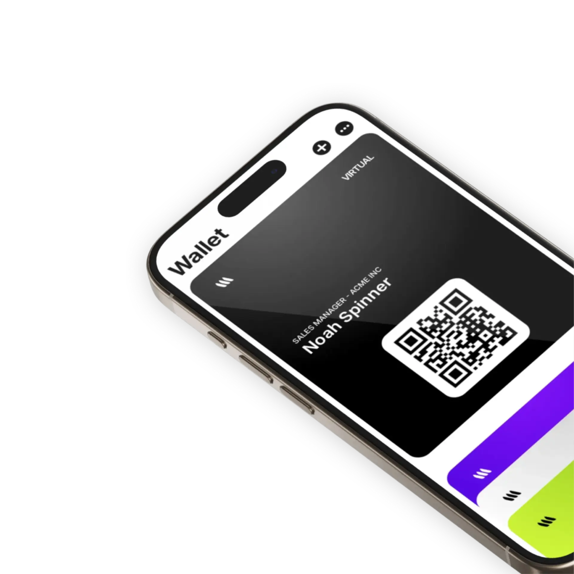 Banana virtual business card for Noah Spinner, Sales Manager at ACME Inc, saved in the Apple Wallet app on iPhone with a scannable QR code