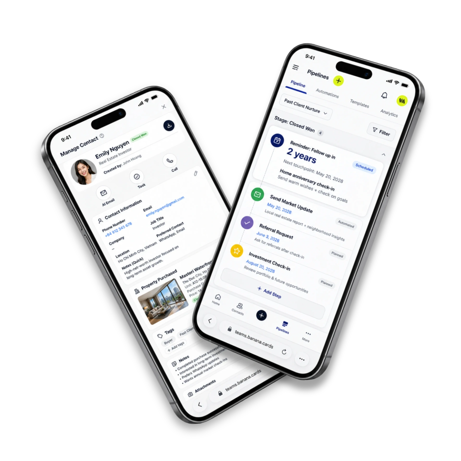 Banana past-client nurture pipeline on iPhone showing closed real estate deal with scheduled home anniversary check-in, market updates and referral requests