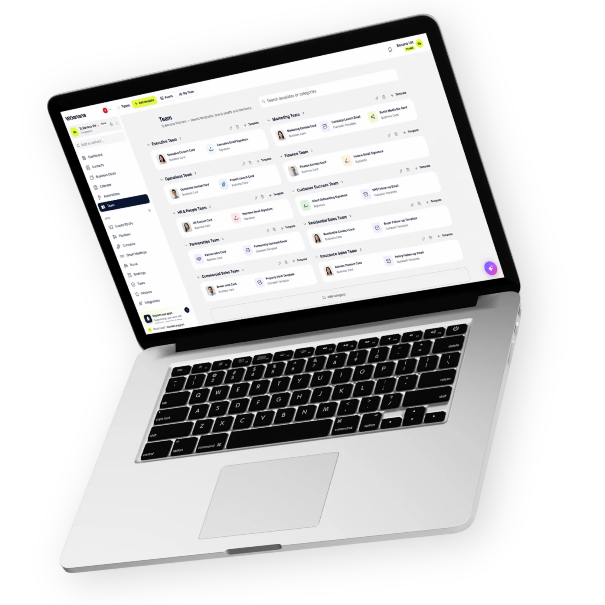 Banana enterprise team workspace on a MacBook showing shared branded business card templates, email signatures and brand assets organized by department for a 10,000-seat rollout