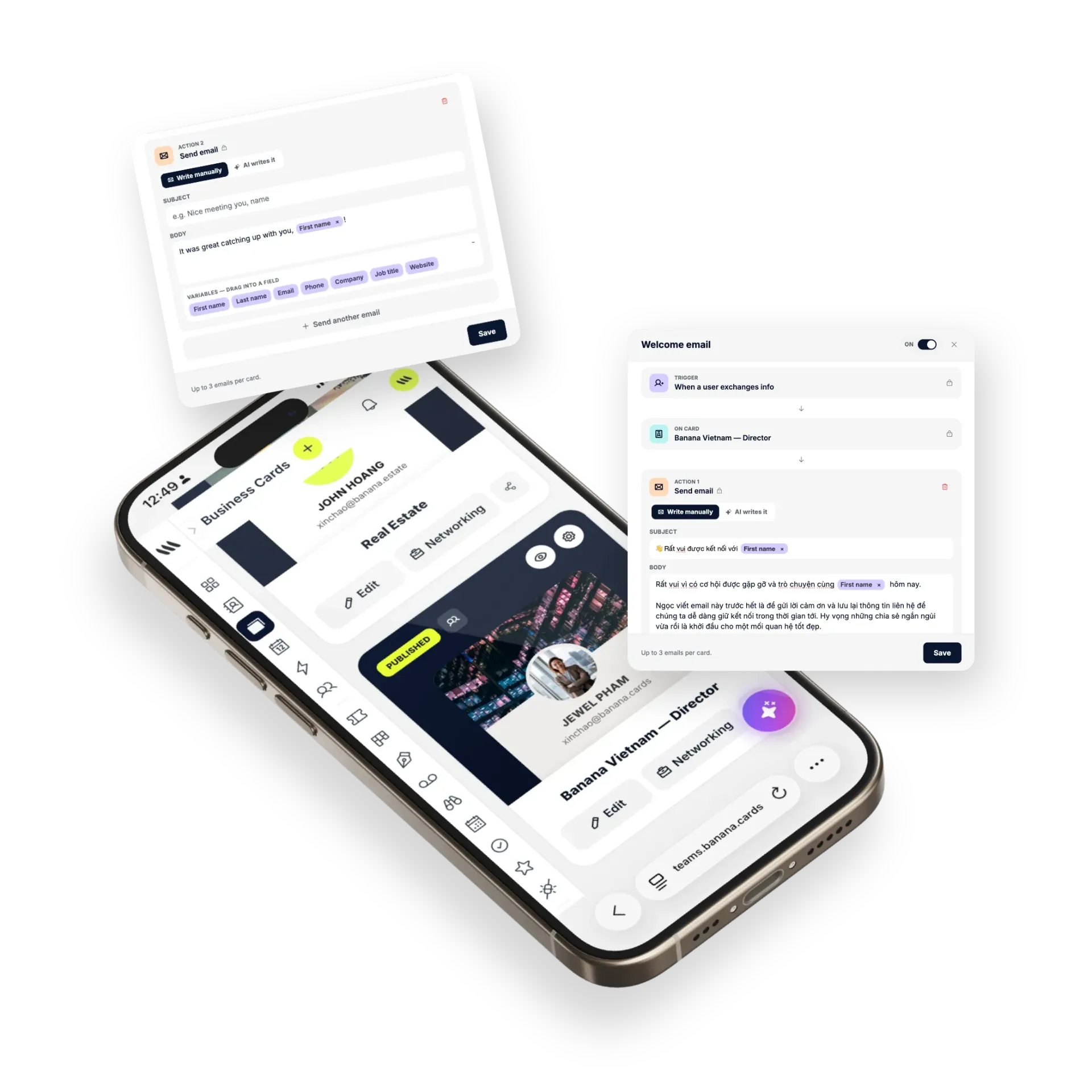 Banana welcome email automation builder on iPhone showing trigger 'When a user exchanges info', drag-and-drop merge variables like First Name and rich-text subject and body editor