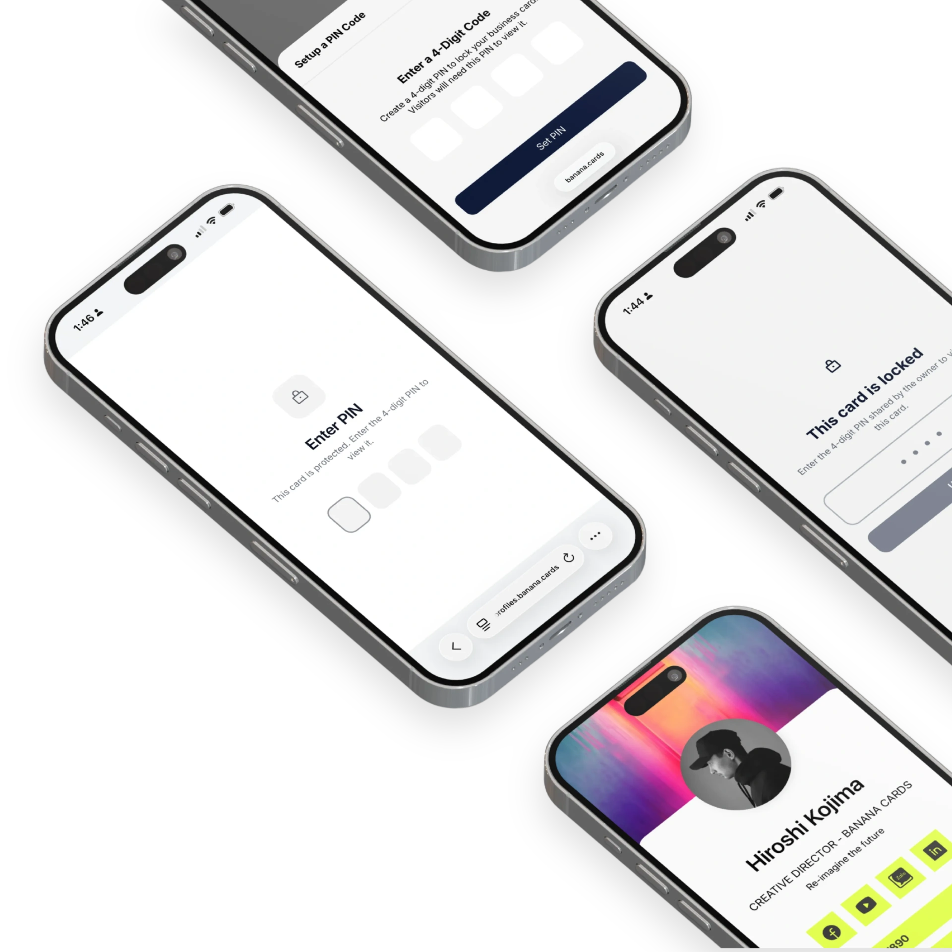 Multiple iPhones showing Banana PIN protection states — Setup a PIN Code, Enter PIN unlock screen, locked card view and Hiroshi Kojima unlocked profile