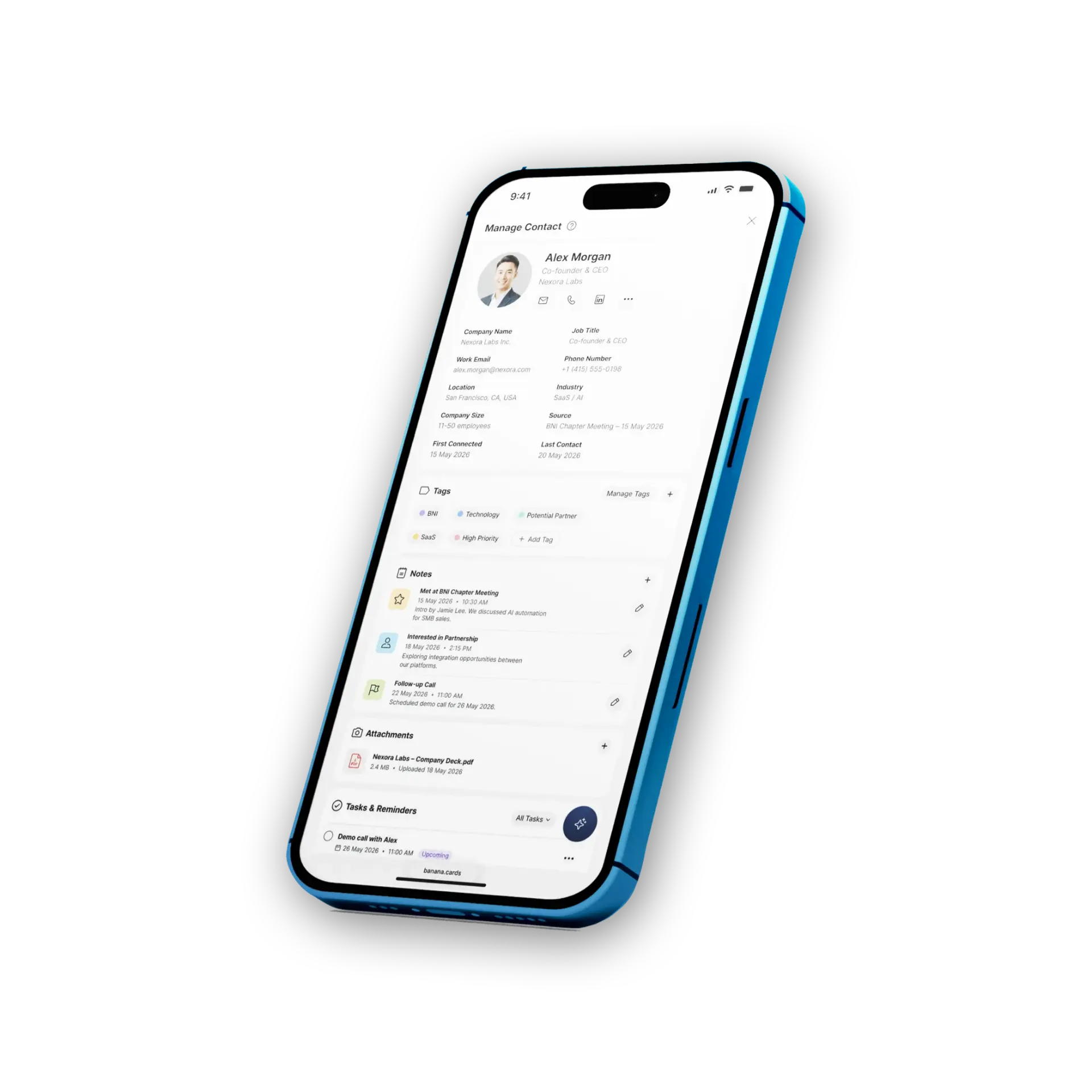 Founder's AI-powered contact profile on iPhone showing notes, tags, meeting history and follow-up tasks for a key investor
