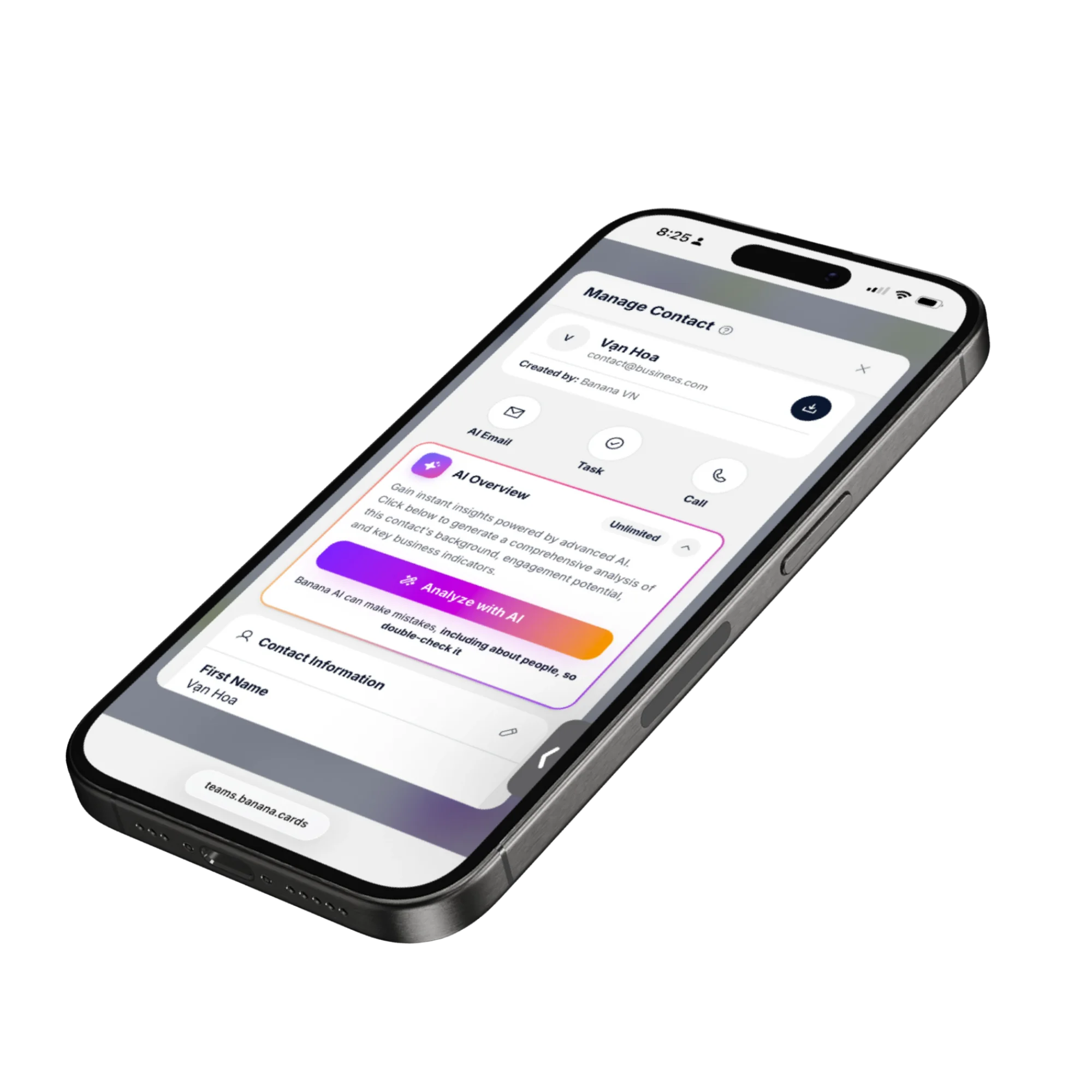 AI contact enrichment on banana.cards filling in job title, seniority, company size and verified work email from public data