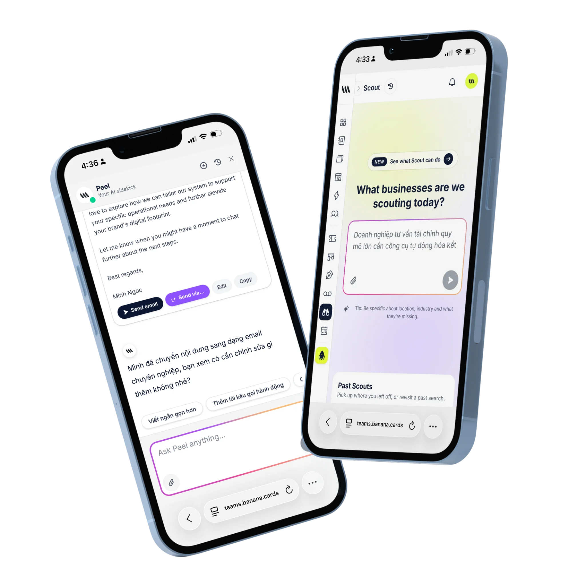 Contact detail view on banana.cards with one-tap AI actions to summarize, draft replies and score deals