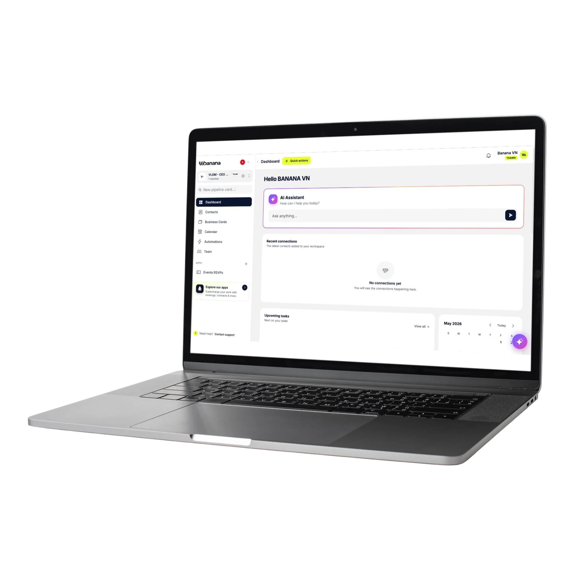 In-context AI tools panel inside a banana.cards contact view drafting a personalized follow-up email