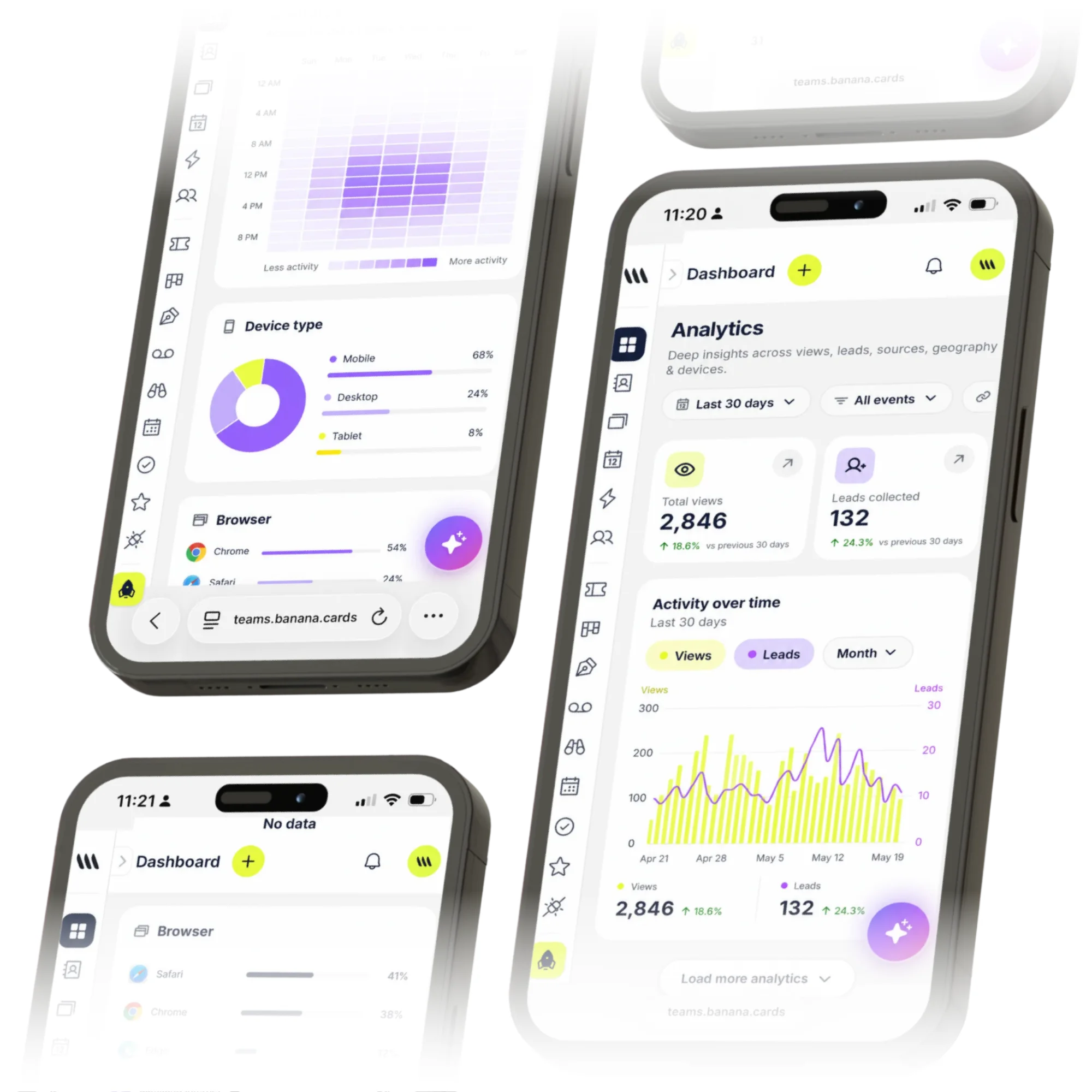 Per-card analytics report showing views, saves and leads by design, channel and event with UTM passthrough