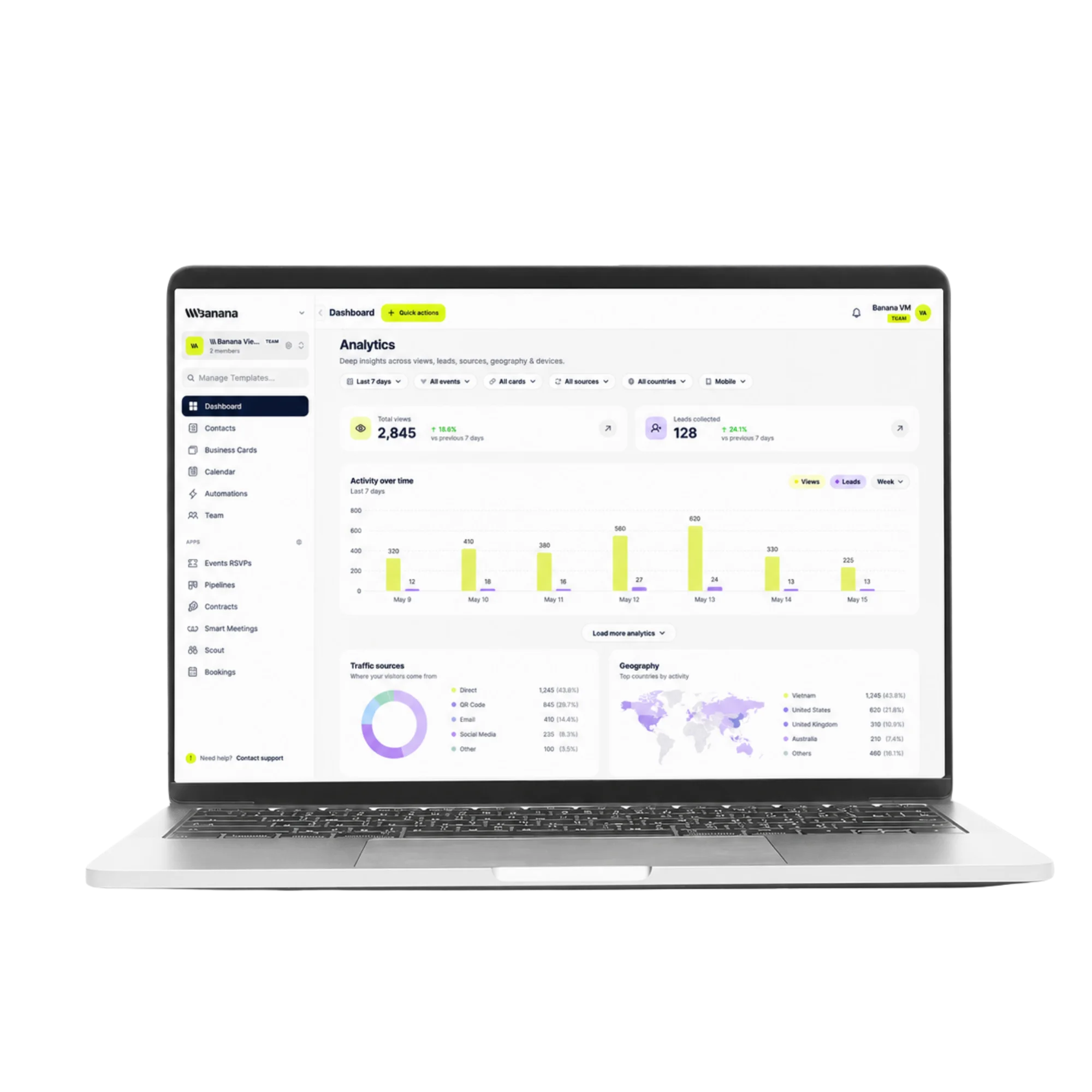 Analytics dashboard on banana.cards attributing card taps, leads and pipeline revenue by channel and event