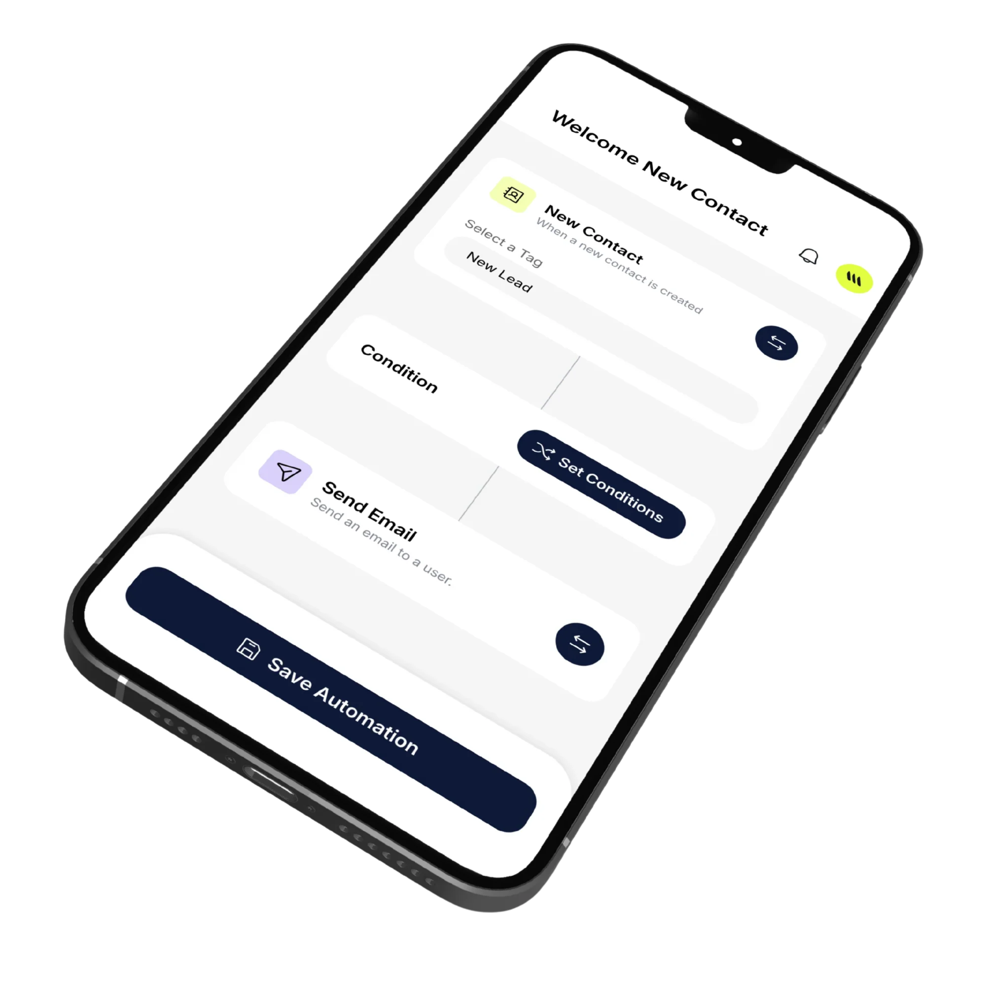 Drag-and-drop automation canvas with branching conditions, wait steps and test mode with sample data