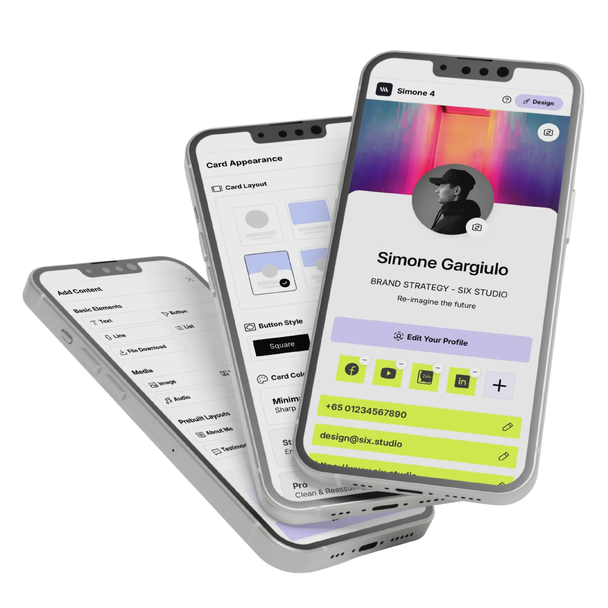 Digital business card design editor with brand kit, logo, layout blocks and typography controls