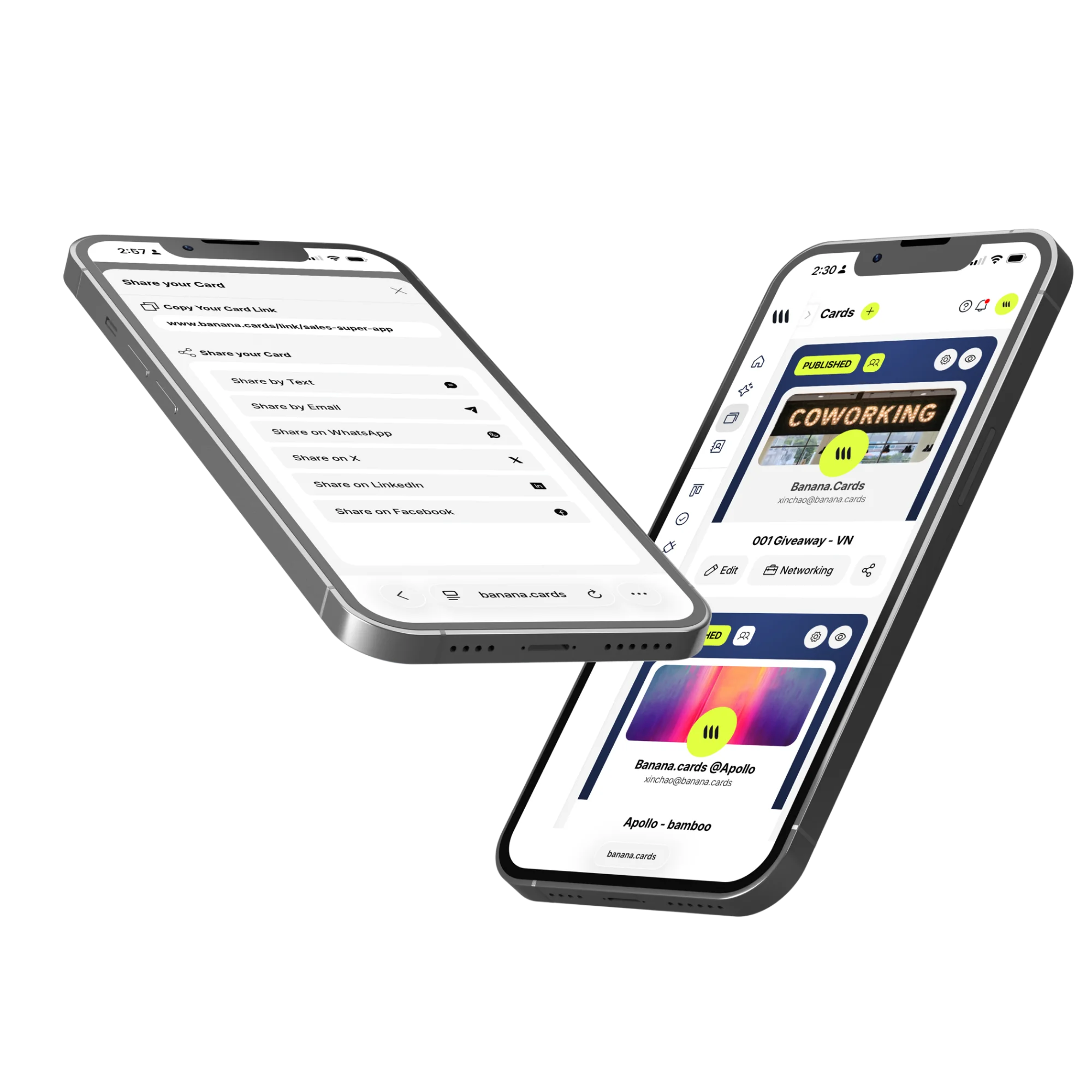 Sharing a Banana digital business card via NFC tap, QR code, short link, Wallet pass and email signature