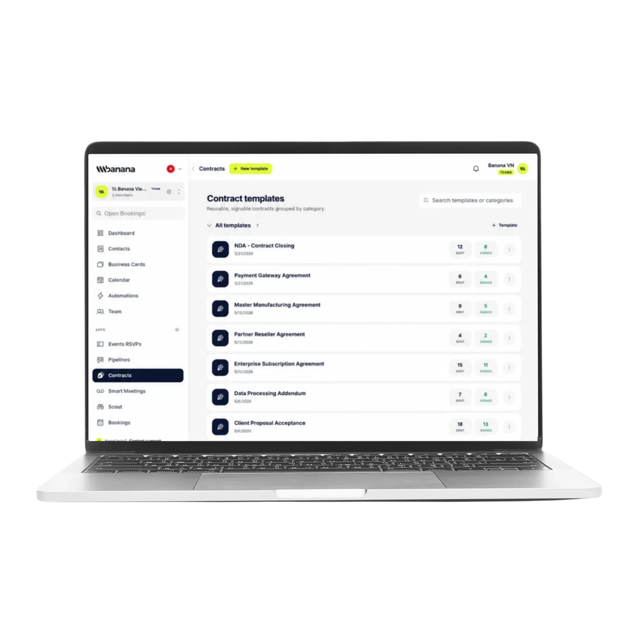 E-signature contract dashboard on banana.cards tracking sent, viewed and signed documents in real time
