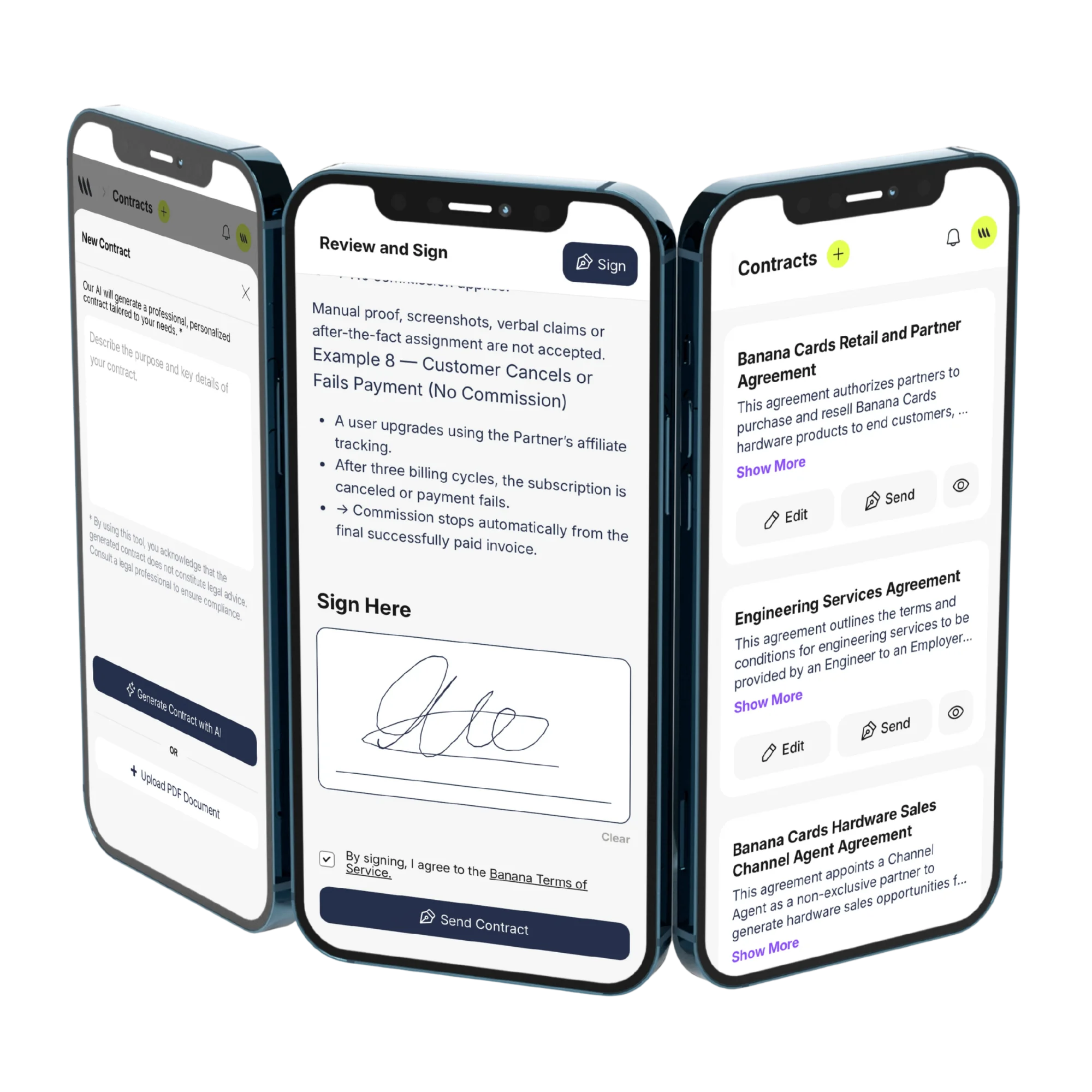 Client signing a Banana contract on mobile with no-login e-signature and full audit trail