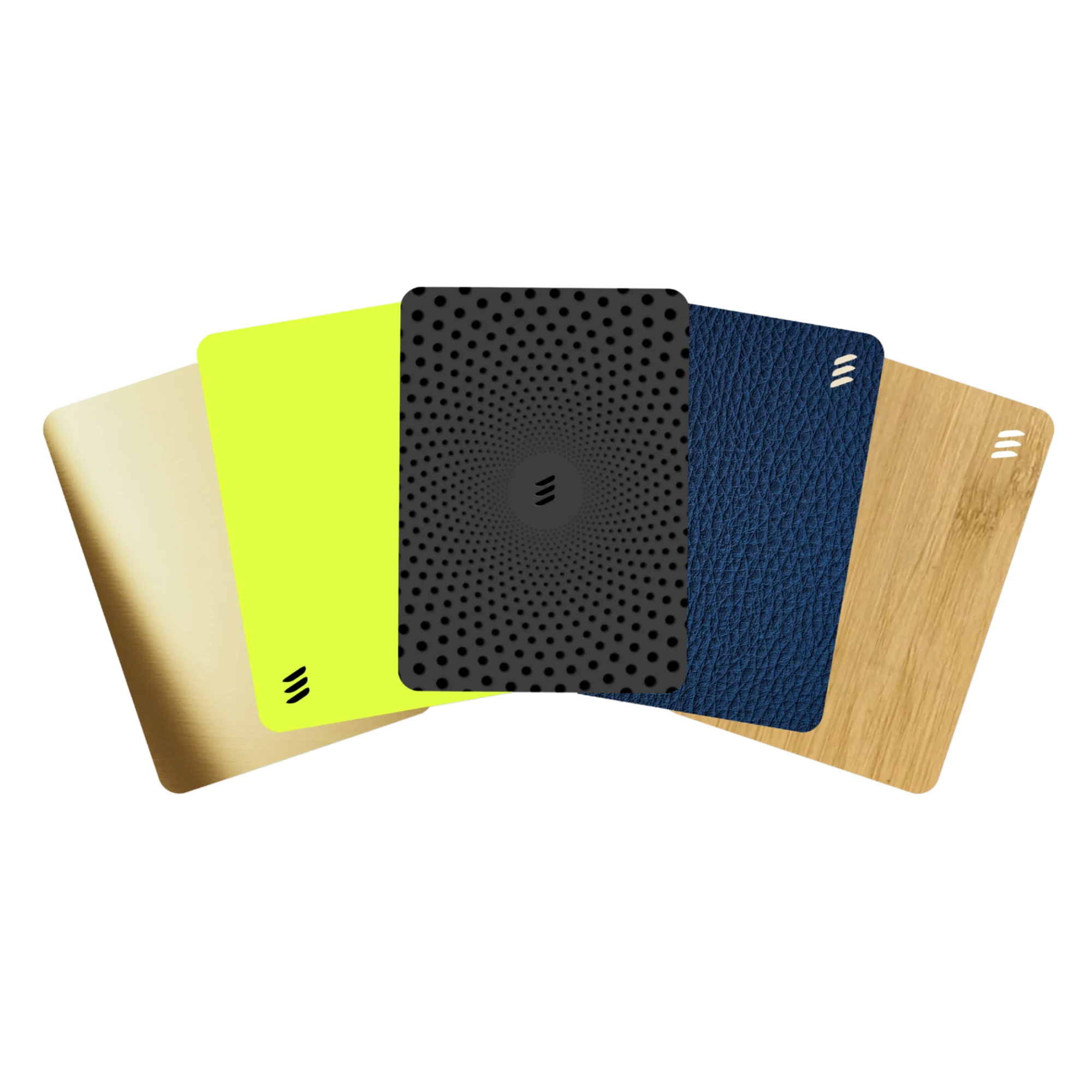 Fan of premium Banana NFC business cards in brushed steel, matte black, bamboo and white PVC