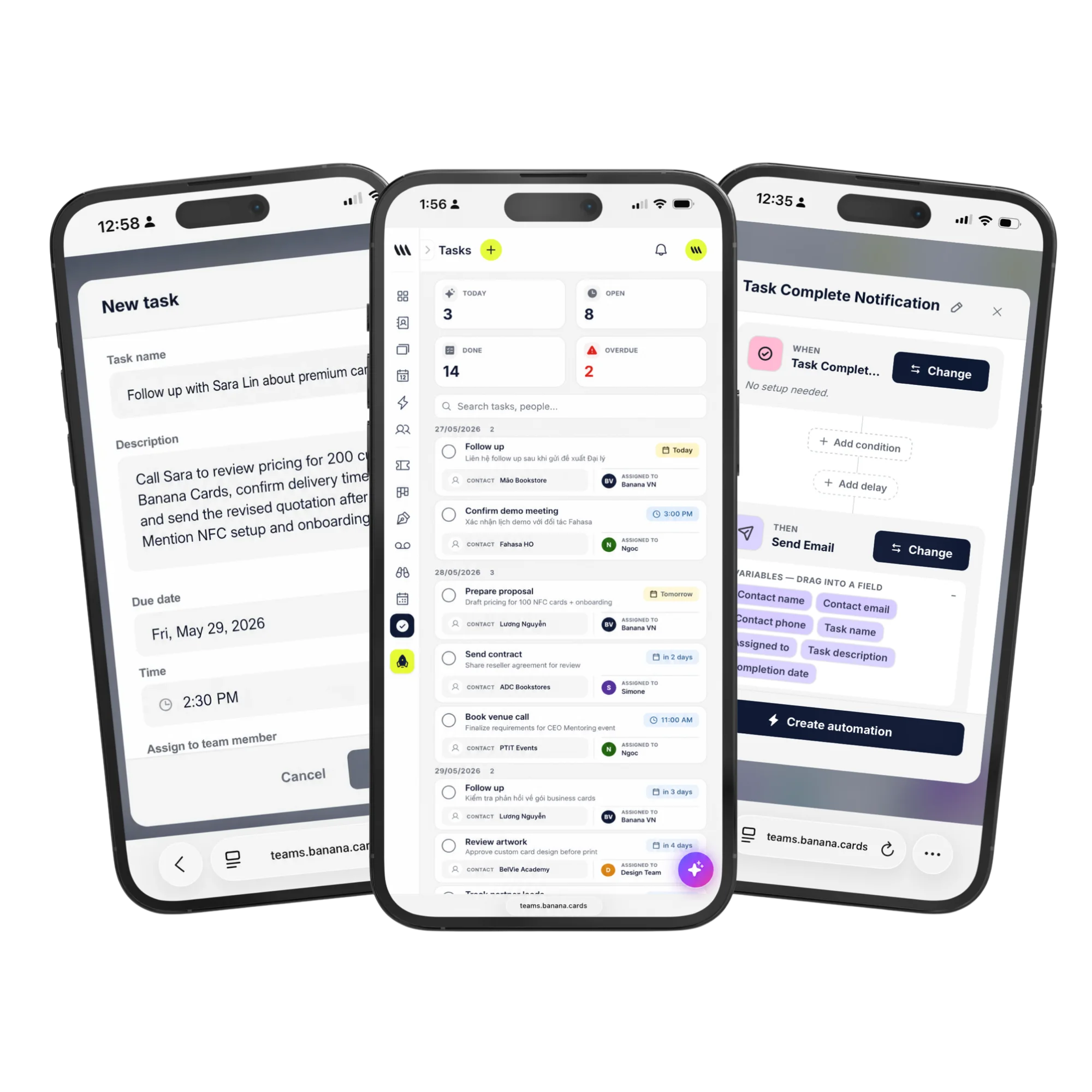 Task inbox on banana.cards showing tasks attached to contacts, deals and calendar events