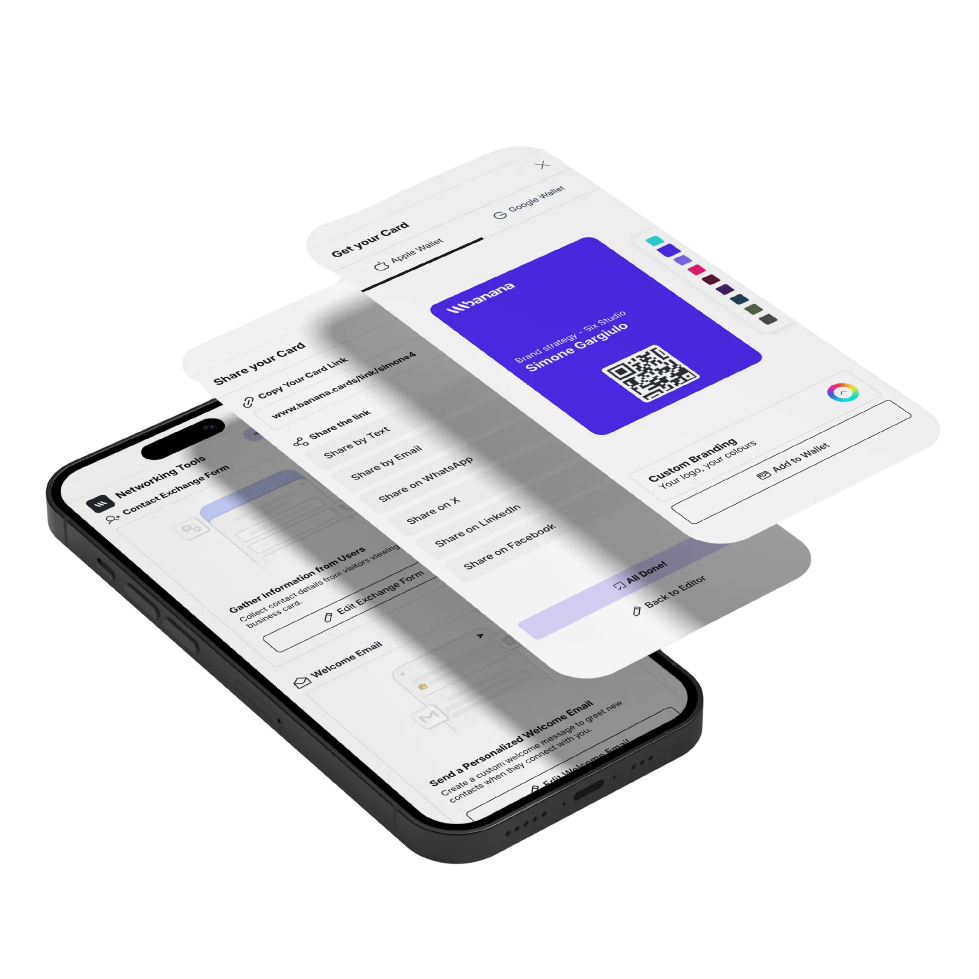 All the ways to share a Banana business card: NFC tap, QR code, short link, Wallet pass and email signature